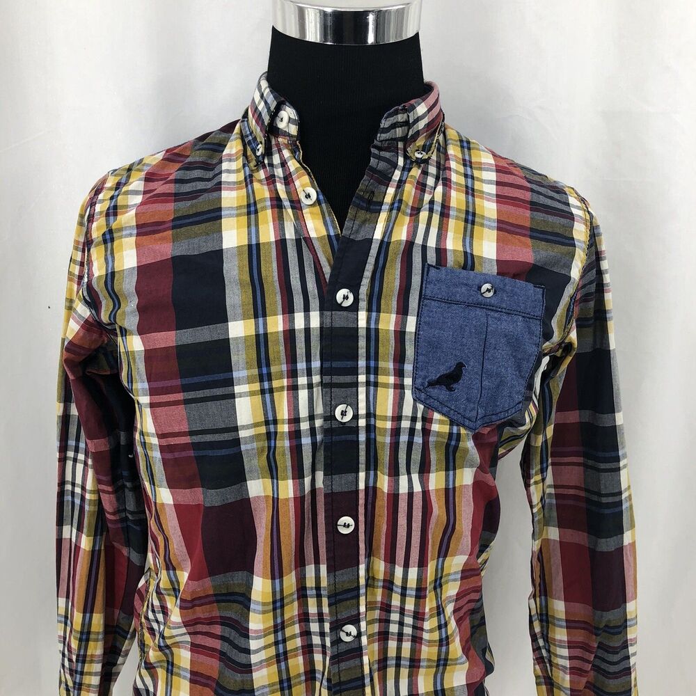 Staple Pigeon Button Down Red Blue Plaid Long Sleeve Shirt Slim Fit Medium